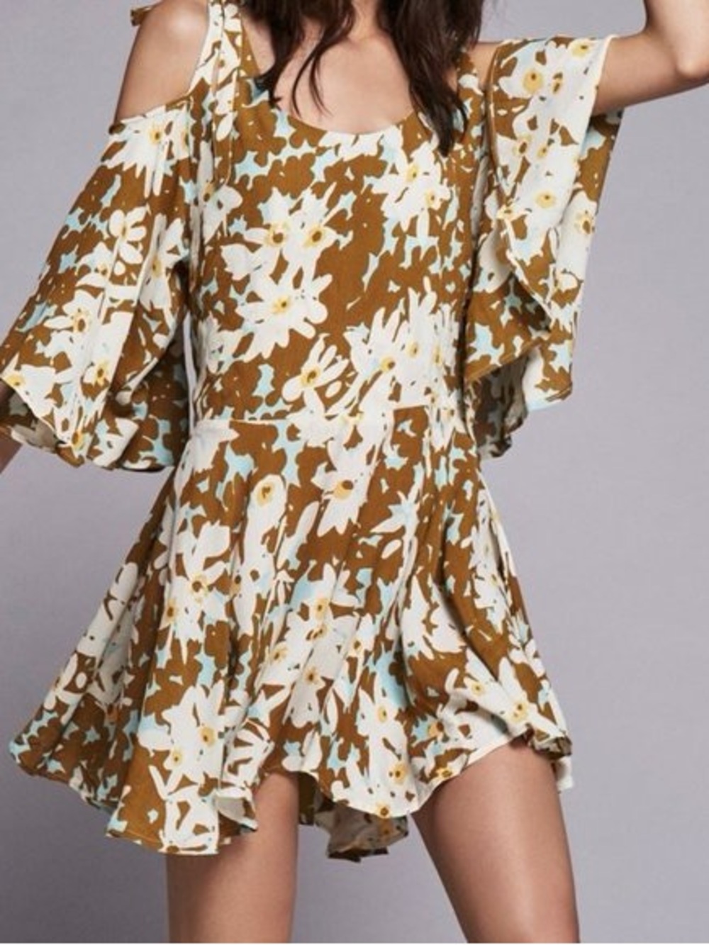 Free People One Lucina Multicolor Hand Printed Cold Shoulder Dress S Small